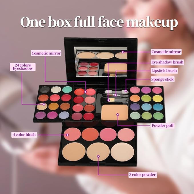 Badhare Beauty Full Face Palette Makeup Kit 24 Color Eyeshadow Palette, 8 Lip Gloss, 4 Blush, 3 Dual Powder, with Brushes & Mirror | Travel Friendly Professional Cosmetic Set with Shimmer Shades