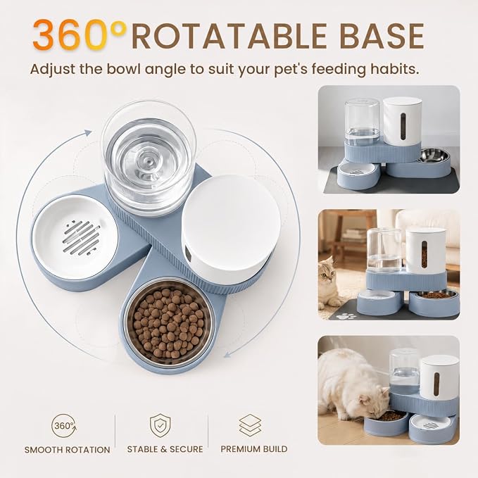 Gravity Cat Feeder 2 Pack Automatic Food Feeder Stainless Steel Water Dispenser Set 360 Degree Rotatable Pet Bowls with Silicone Mat for Cats Small Medium Dogs, Large Capacity(Blue)