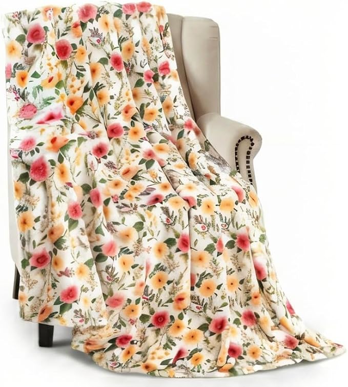 Spring Velvet Fleece Floral Throw Blanket: Golden Meadow of Pink Yellow Green Flowers on a Colorful Soft Cozy White Design, Oversized 50" x 70"