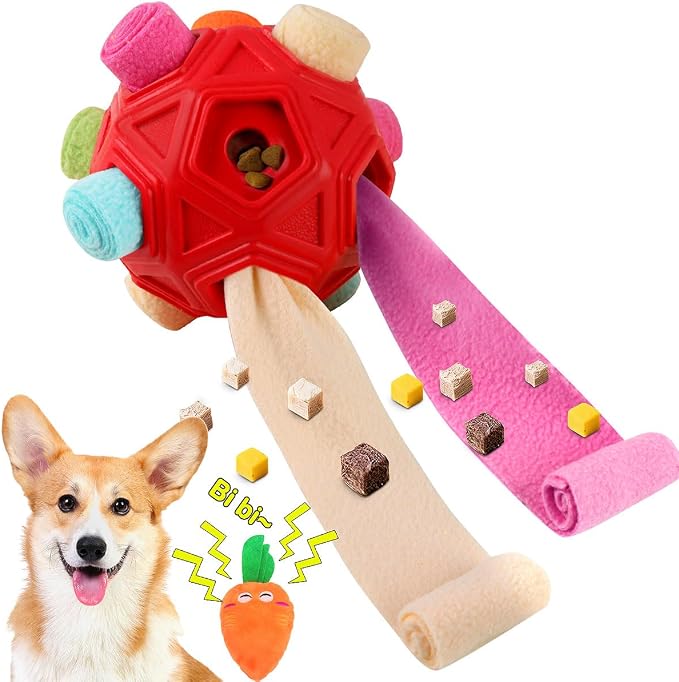 Dog Snuffle Ball-Interactive Puzzle Dog Toys Encourage Natural Foraging Skills Slow Feeder for Training and Stress Relief, Cloth Strip Hiding Food Dog Toys for Any Size Dogs