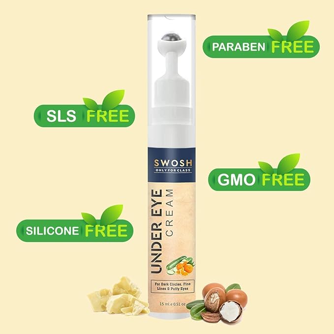 SWOSH Roll-On Under Eye Cream 15ml | Reduces Dark Circles, Puffiness & Fine Lines | Cooling Metal Roller for Easy Application | Lightweight Under Eye Gel for Men & Women | Daily Eye Care