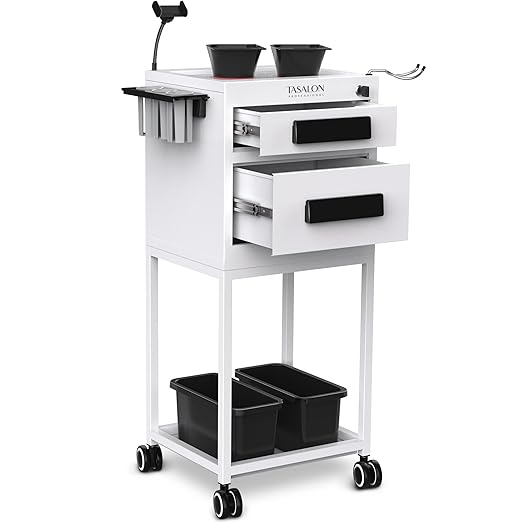 TASALON Salon Trolley Cart with Wheels, 2 Magnetic Bowls & Drawers | Mobile Hair Stylist Station for Tools Storage, Rolling Organizer Cart for Barber & Tattoo Supplies - White