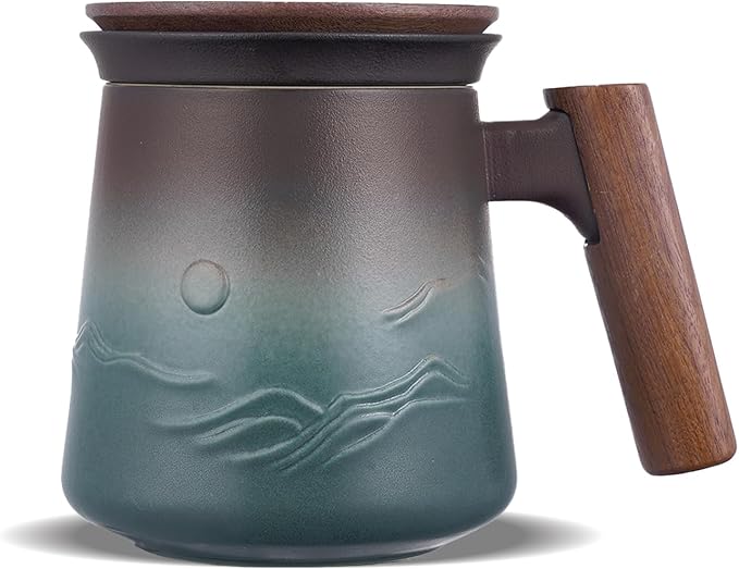 ZENS Embossed Ceramic Tea Mug with Infuser and Lid, 14.5 oz Wooden Handle, Loose Leaf Tea Steeper Cup & Strainer for Tea Lovers Gifts