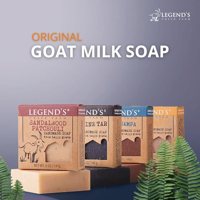 Legend's Creek Farm Goat Milk Soap - Cleansing Moisturizing Bar for Hands and Body - 5 Oz Natural Soap for Sensitive Skin (4-Pack: Patchouli, Oatmeal Milk & Honey, Black Pine Tar, Nag Champa)