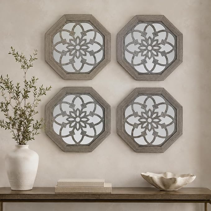 4 Pack 12 Inch Octagon Brown Rustic Wood Frame Acrylic Wall Mirrors, Farmhouse Boho Wall Art Decor for Living Room, Bedroom, Hallway, Entryway, Bathroom & Office