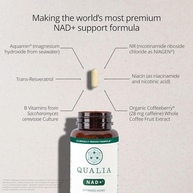 Qualia NAD Supplement — Clinically Proven to Boost NAD+ up to 67%. Optimized Aging, Energy, Focus. Elite NAD+ Booster Ingredients: Nicotinamide Riboside (NIAGEN,) Niacin, Niacinamide (3 Month Supply)