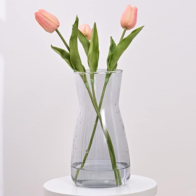 8 Inch Gray Glass Vase for Flowers, Modern Boho Table Decor | Farmhouse Vases For Rustic Vintage Living Room Kitchen Bedroom Halloween Christmas Decor House Book Shelf Office Decor