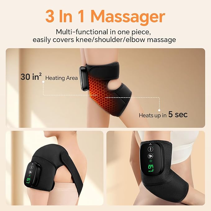 Foot Massager with Heat, Knee Shoulder Elbow 3 in 1 Feet Massager, Heated Knee Massager, Shoulder Massager with Heat Vibration, 210 mins Battery, Cordless Portable, Touchscreen Control (Black)