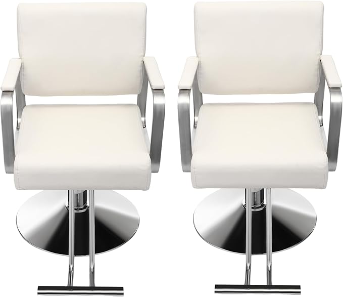 Salon Chair for Hair Stylist, Hydraulic Barber Chair with 360° Swivel, Height Adjustable Styling Chair for Barbershop, Beauty Salon, Tattoo & Spa Equipment, Off-White and Silver, 2Pcs