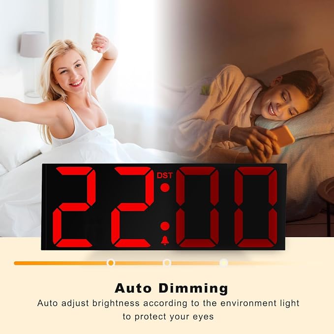 JALL 22" Large Digital Wall Clock, Big LED Number Dispaly, DST, Night Light for Classroom, Living Room, Bedroom, Mounted, Birthday Xmas Gift for Senior, Mem Womem Mom Dad, Red