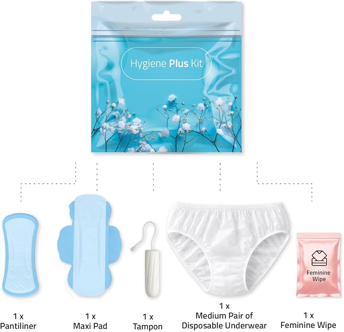 Hygiene Plus Bulk Period Kit with Disposable Underwear (Medium) – Complete Menstrual Care Kits for Schools, Healthcare & Organizations – Includes Tampon, Maxi Pad, Pantyliner & Wipe (5)