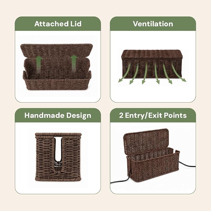 Cable Management Box, Handmade Rattan Cable Organizer with 2 Open Slots, Cord Hider for Power Strip, Router & USB Hub, Registered U.S. Design Patent (D1,112,102), 13" x 5.1" x 5.1", Brown