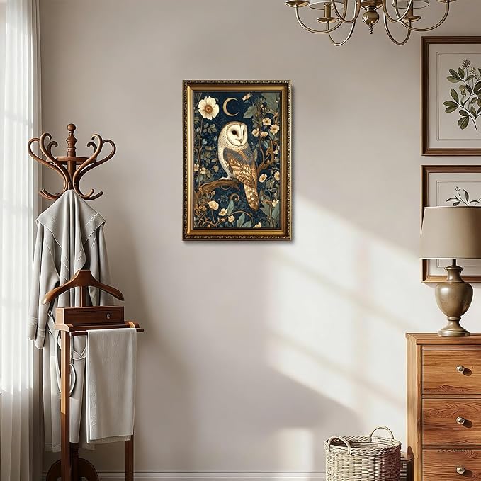 William Morris Gold Framed Wall Art Vintage Woodland Barn Owl Wall Decor | Cottagecore Botanical Animal Pictures Canvas Art Moody Dark Academia Framed Prints Artwork for Bedroom Bookshelf Gallery Wall