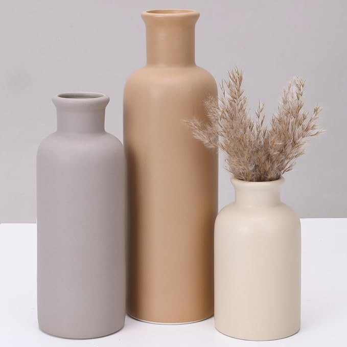 Ceramic Vase Set of 3, Brown Neutral Rustic Vases for Farmhouse Decor | Waterproof Farmhouse Vases for Pampas Grass & Dried Flowers, Rustic Vase for Table Bookshelf, Living Room