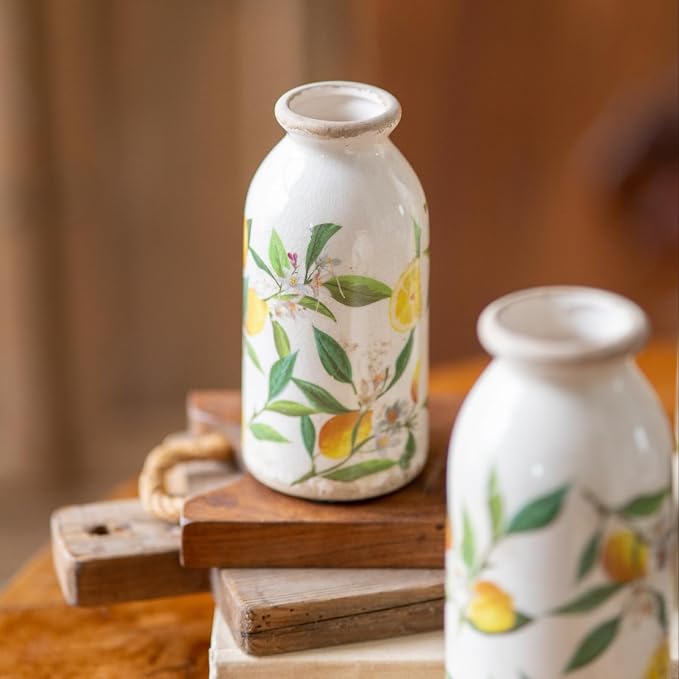 Teweiqi Vintage Vase Set of 3, Ceramic Flower Vases Decor, Rustic Farmhouse Vases Retro Decorative Vases, for Home Living Room Kitchen Table Mantle Shelf Decor - Lemon
