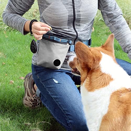 Dog Treat Pouch with Pet Training Clicker, Dog Training Treat Pouch Kit, Magnetic Closure, Hands-Free Training (Grey)