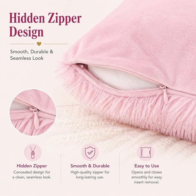 REAFORT Long Hair Faux Fur Body Pillow Cover 21"x54", Hidden Zipper (Pink) | Ultra-soft long hair faux fur with a hidden zipper offers luxurious comfort and is machine washable for easy care.