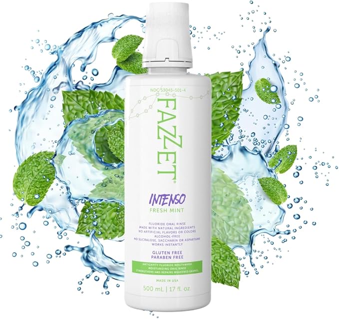 FAZZET Intenso Fluoride Oral Rinse – Soothe Tonsils, Combat Bad Breath – Alcohol, Gluten, and Paraben Free Mouthwash – Fresh Mint Flavor