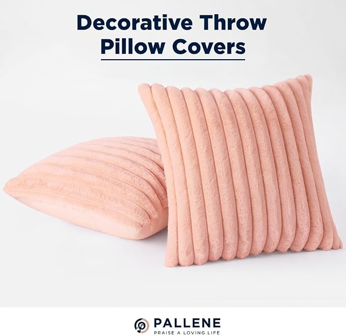Pallene Faux Fur Decorative Throw Pillow Covers 16x16 Set of 2, Pink | Luxury Plush Texture, Striped Design, Cozy Soft Touch, Modern Home Accent Decor for Couch, Sofa, Bed, Living Room