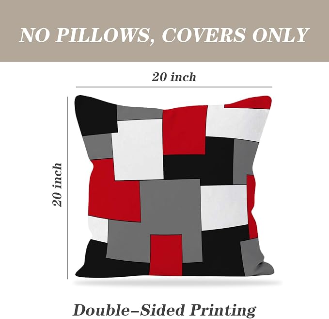 Modern Art Geometric Pillow Cover, Decorative Throw Pillow Covers Red Black Grey Abstract Artwork Cushion Cover for Bedroom Sofa Living Room 20 x 20 Inch Set of 2