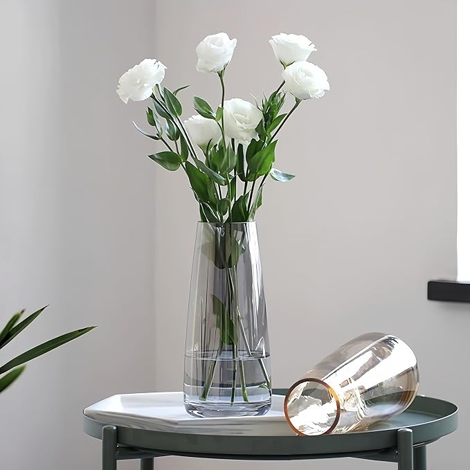 Modern Glass Flower Vase for Home Decor Table Centerpiece, 8.3inch H, Gray | Glass Vases for a Dozen of Flowers, Floral Arrangement,Minimalist Vase for Dinner Table Mantel Entryway Shelf Reception Decor