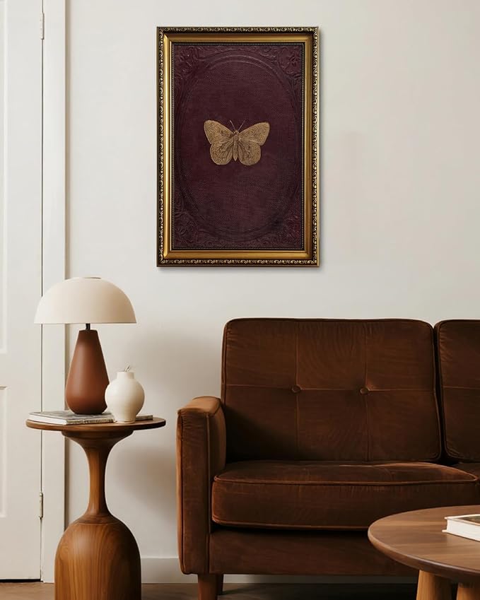 ZLPLLHA Vintage Gold Framed Wall Art Butterfly Wall Decor Moody Canvas Art Insect Pictures Victorian Paintings Burgundy Artwork for Bedroom Living Room