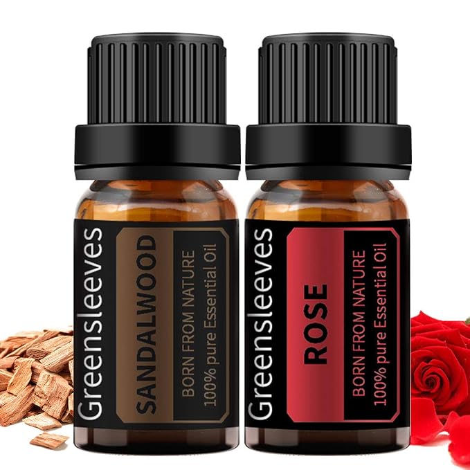 GREENSLEEVES Rose Sandalwood Essential Oil Set, 2 x 10ml Pure Plant-Based Fragrance Oil for Aromatherapy, Essential Oils for Diffuser, Massage, Bath Bomb, Scented Candle Soap Making