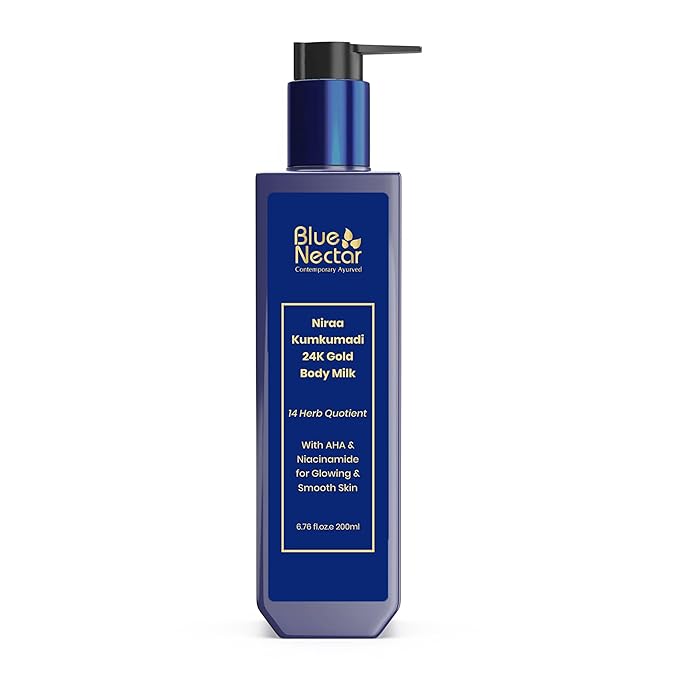 Blue Nectar 24K Carat Gold Body Milk for Women & Men | Body Lotion with Plant Based AHA & Niacinamide | Moisturizer for Body | All Skin Types (14 Herbs, 6.76 Fl Oz)