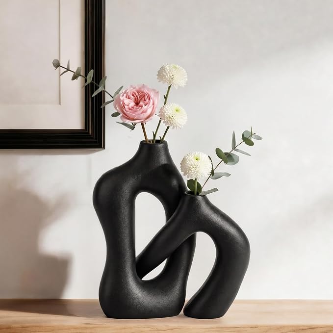 Dowan Black Vases for Decor,Hollow Ceramic Vase Set of 2,8.3" Nordic Modern Boho ins Style Decorative Ceramic Aesthetic Flower Vase for Home Decor Modern Minimalist Table, Entryway Centerpieces