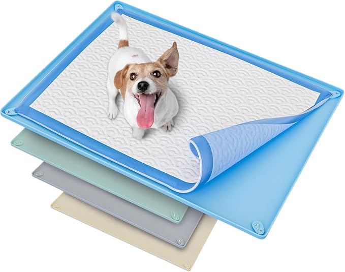 Dog Pee Pad Holder Tray Fits for 30” x 23” Pee Pads - 1 Pack - Blue | Corner Lock Holes, Raised Edges, Non Spill, Easy to Clean Silicone Dog Potty Tray Holder, For Indoor Floor Protection