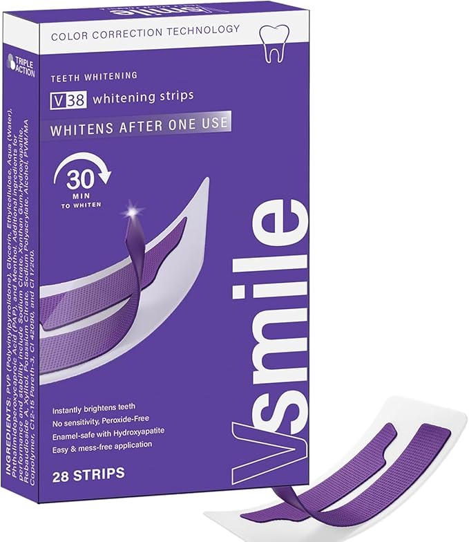 VSmile V38 Teeth Whitening Strips, 28 Count – Peroxide-Free Purple Color Correcting Teeth Whitener Strips with Pap+ & Hydroxyapatite, Enamel Safe, No Sensitivity