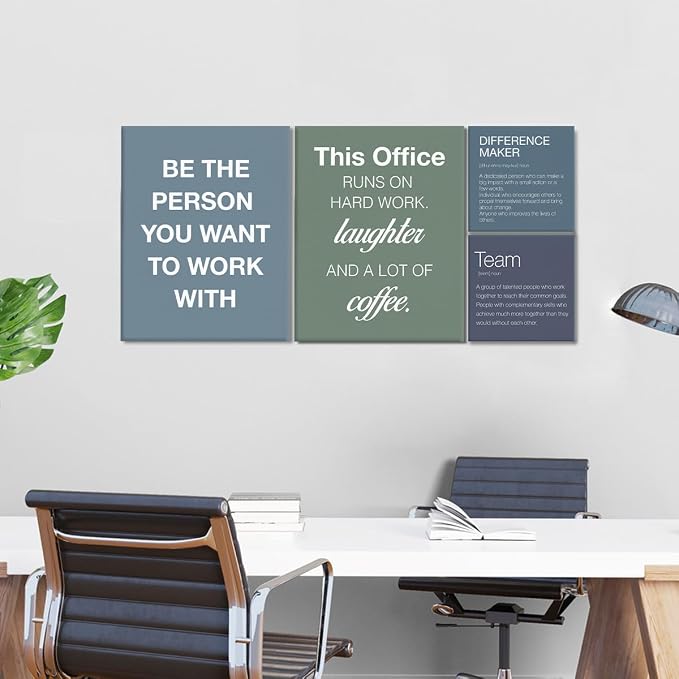 YEOION Motivational Office Wall Art,Inspirational Teamwork Wall Art for Office,Light Blue and Green Positive Teamwork Wall Decor for Workplace Set of 6