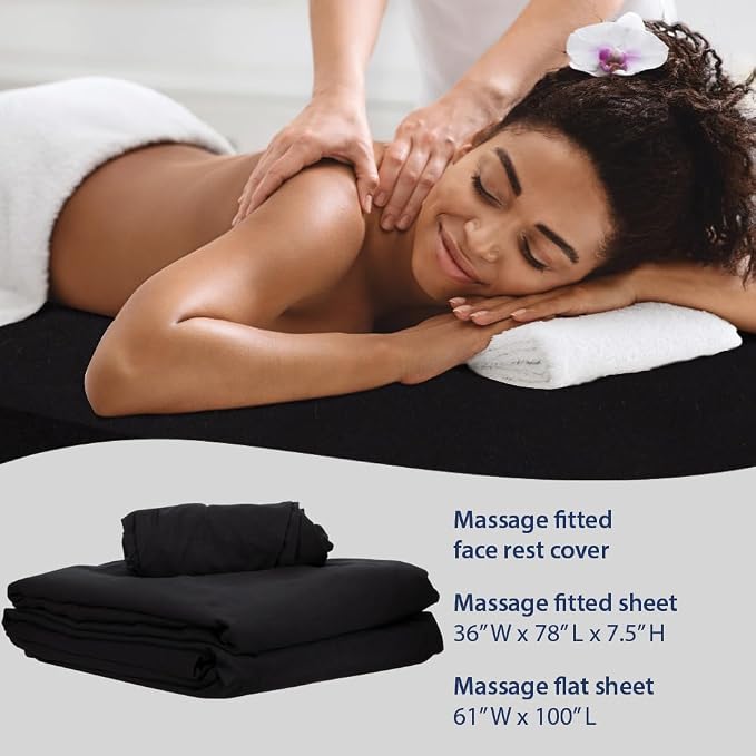 ForPro Professional Collection Premium Microfiber 3-Piece Massage Sheet Set, Black, Ultra-Light, Stain, and Wrinkle-Resistant Includes Massage Flat and Fitted Sheet and Massage Face Rest Cover
