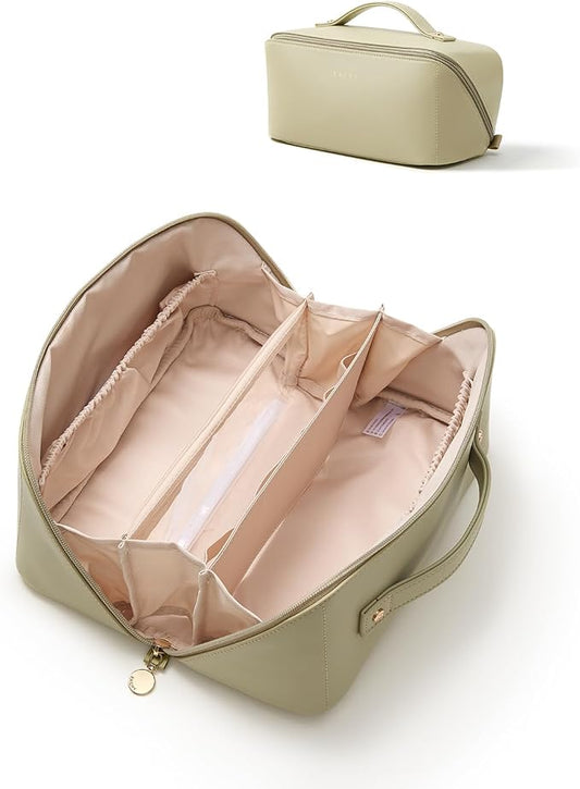 EACHY Travel Makeup Bag, Large Capacity Cosmetic Bag for Women, Waterproof PU Leather, Flat Open Portable Toiletry Bag for Skincare, Brushes & Travel Essentials