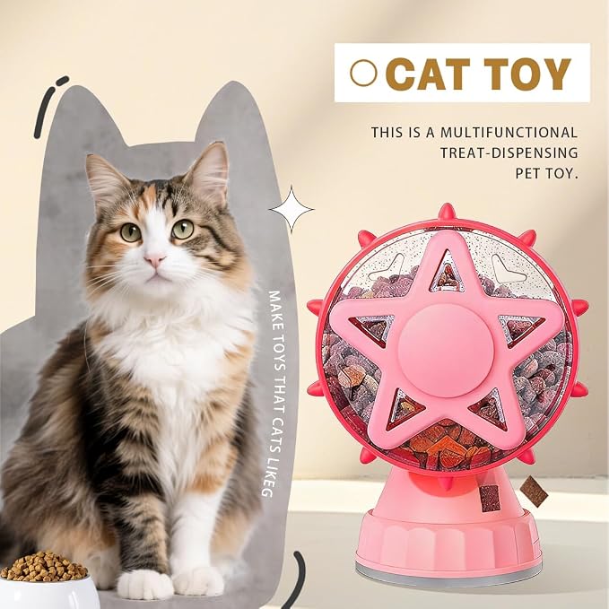 2-in-1 Interactive Cat Toy, Rotating Treat Dispenser with Strong Suction Cup & Teaser Wand, Adjustable Slow Feeder Puzzle Toy for Cats, Boredom Relief & Mental Stimulation Fits Kibble ,Treats (Pink)