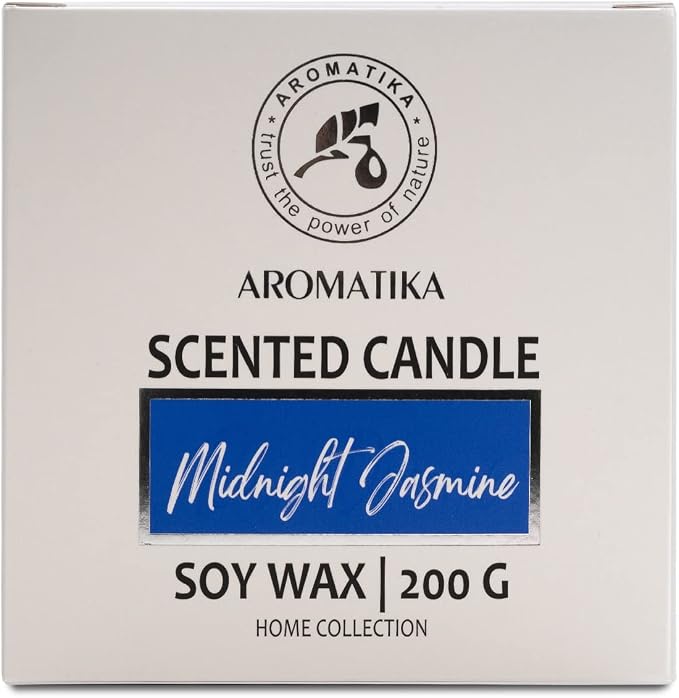 AROMATIKA Midnight Jasmine Soywax Candle - Up to 45 Hours Burn Time - Glass Candle Gift - Aromatherapy Candle - Blue Floral Scent