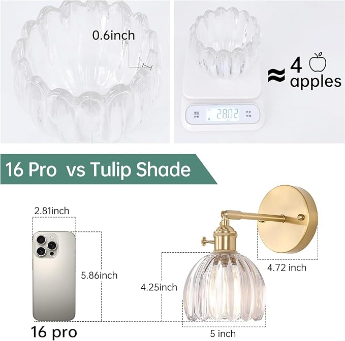 Shenmoyl Vintage Wall Sconces with Transparent Tulip Glass Lampshade 180 Degree Adjustable Brass Sconces Hradwired Modern Wall Lighting Fixture with Switch for Bedside Bedroom Doorway