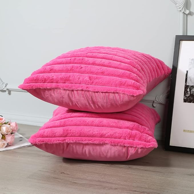 Soleebee Set of 2 Throw Pillow Covers Soft Cozy Velvet Pillowcase Faux Rabbit Fur Cover for Couch Sofa Bed Chair Home Decorative Pillows Cover (24x24 Inch, HOT Pink)
