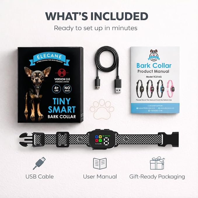 Tiny Bark Collar for Small Dogs 5-15 lbs and Puppies - No Shock Anti Barking Collar - Rechargeable Smart Collar for Dog Training with 7 Sensitivity Levels and 3 Beep&Vibration Modes (Black)