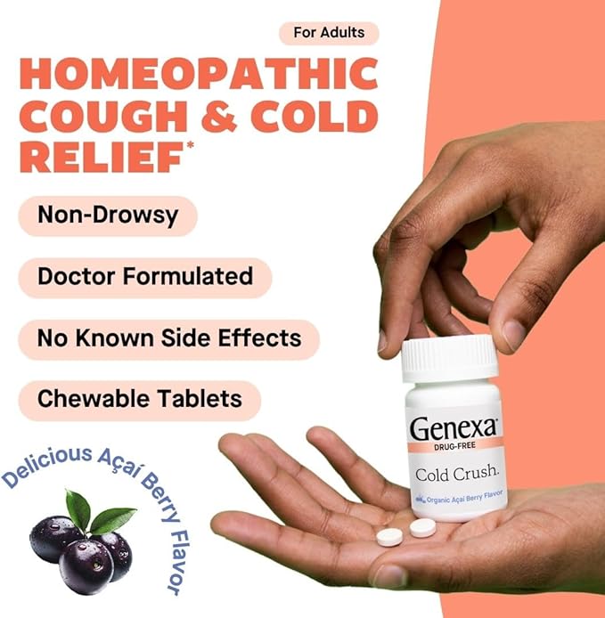 Genexa Cold Crush | Multi-Symptom Cough & Cold Relief for Adults | Delicious Organic Acai Berry Flavor | Certified Organic & Non-GMO | Homeopathic Remedy Made Clean | 60 Chewable Tablets