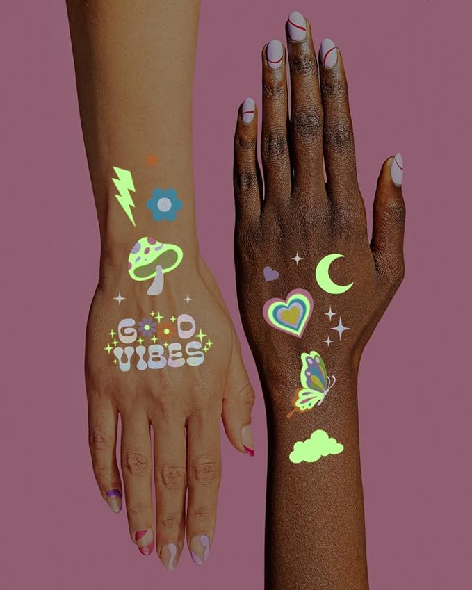 xo, Fetti Groovy Disco Glow in Dark + Foil Temporary Tattoos - 82 pc | Flower Power Birthday Party Supplies, Rave Bachelorette Party Favors, Smiley Decorations, Y2K, Rainbow Arts and Crafts