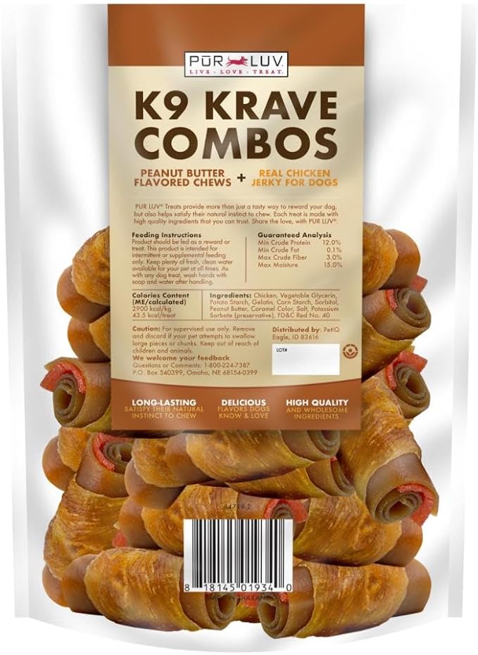 Pur Luv K9 Kraves Rawhide Free Bone Dog Treats, Made with Peanut Butter and Chicken Flavor, Easily Digestible, Long Lasting, and High Protein Dog Treat, 20 Count (Pack of 2)