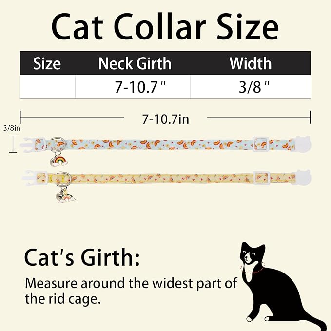 Cat Collars for Girl Cats & Boys, 2 Pack Soft Cotton Breakaway Collar with Removable Bell and Cute Charms, Adjustable Safety Pet Necklace, Rainbow