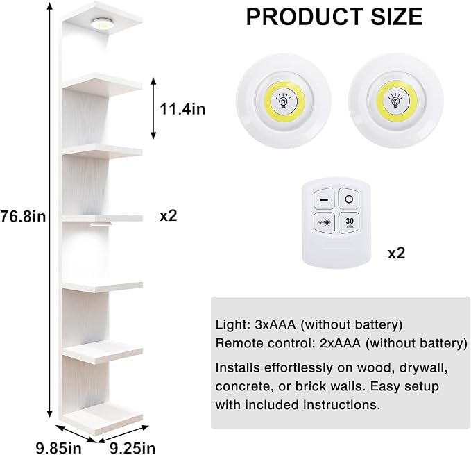 Fixwal 7 Tier Wall Shelf with LED Lights for Room Deocr (White, 2 Pack) | 76.8in Tall, Holds 44Lbs Total, Flexible Section Installation, Fits Any Room Decor