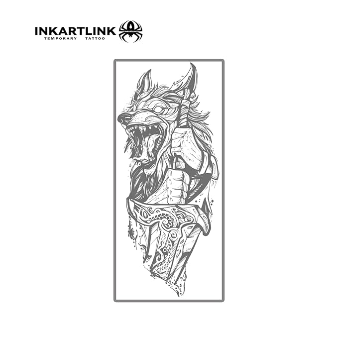 INKARTLINK Semi Permanent Tattoo, Creative Party Tattoo, Exquisite and Realistic Design, Interesting Tattoo Experience, Cruelty-free, Non-reflective, Waterproof (Wolf Swordsman)