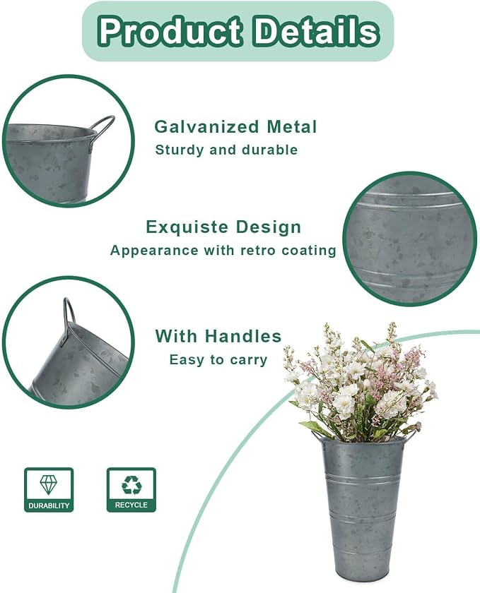 12 Inch Galvanized Metal Vase, 2 Pack Tall Flower Buckets with Handles | Galvanized metal flower buckets with handles, rustic tall vase design for dried flowers, weddings, farmhouse and home decor.