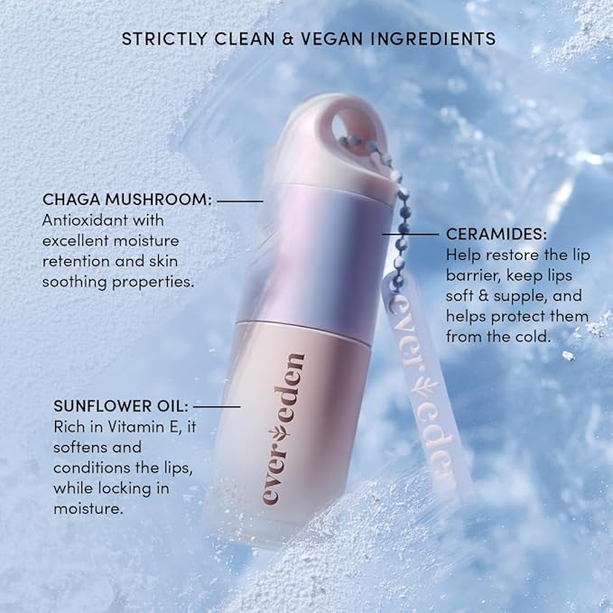Evereden Super Rich Hydrating Lip Oil: Clean & Vegan, Nourishing, Soothing, & Glossy Lip Glow Oil for Cold & Dry Weather - With Chaga Mushroom & Ceramides