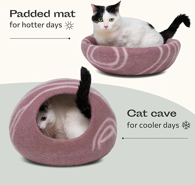 Cat Cave - Merino Wool Bed for Indoor Cats (Rose Gold, Large) | Cat Bed Enclosure, Premium Felt, Handmade, Super Soft, Lightweight, Breathable, Adjustable Shape