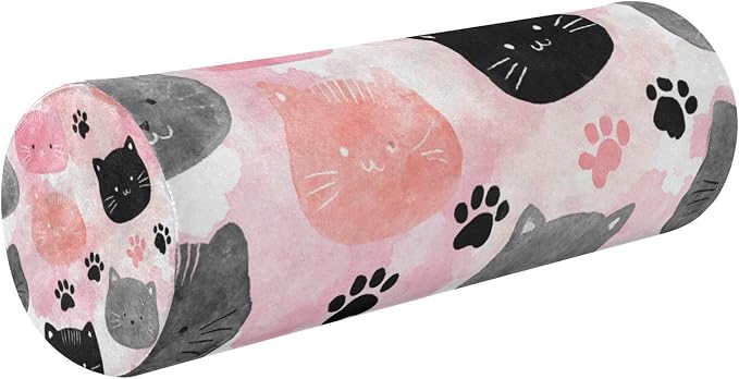Cat Faces and Paw Print Neck Roll Pillow Bolster Round Health Memory Foam Long Cervical Cylinder Pillows with Removable Washable Cover for Body Bed Legs Back Yoga