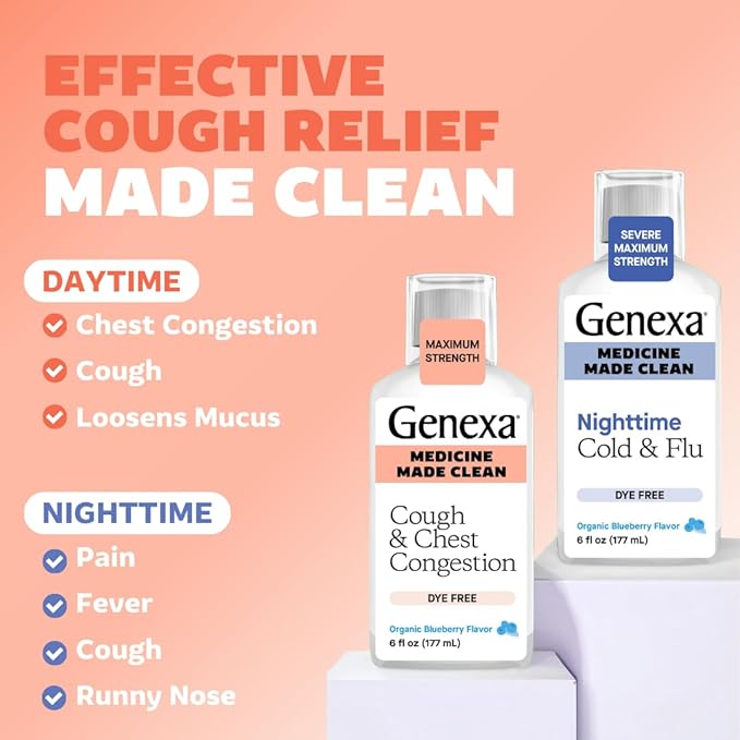 Genexa Daytime Cough & Congestion + Nighttime Severe Cold & Flu Combo Pack, Dye Free, 0% Artificial Additives, Liquid Multi-Symptom Cough, Cold, & Flu, Organic Blueberry Flavor, 12 fl oz (2 Pack)